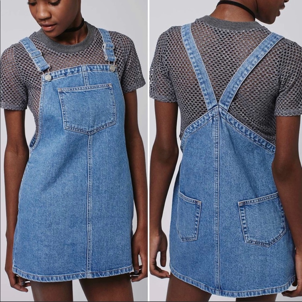 Topshop Moto Pinafore Square Neck Light Wash Denim Overall Skirt